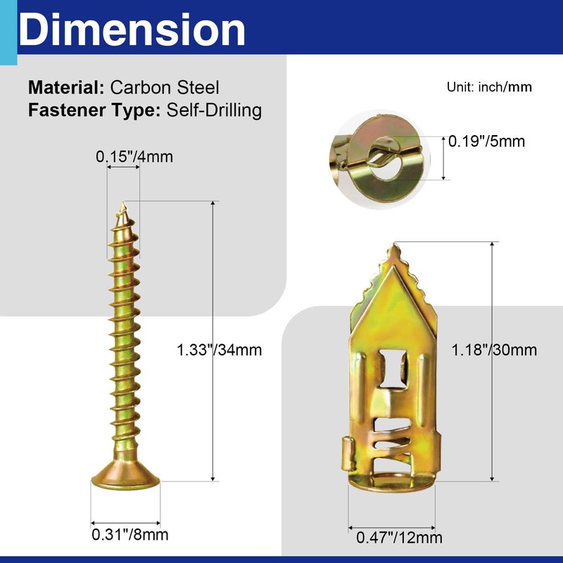 Usdrwam 180 PCS Self Drilling Drywall Anchors with Screws Kit, 0.47×1.18 Inch Metal Wall Anchors for Drywall Hanging, No Drill Needed - Image 3